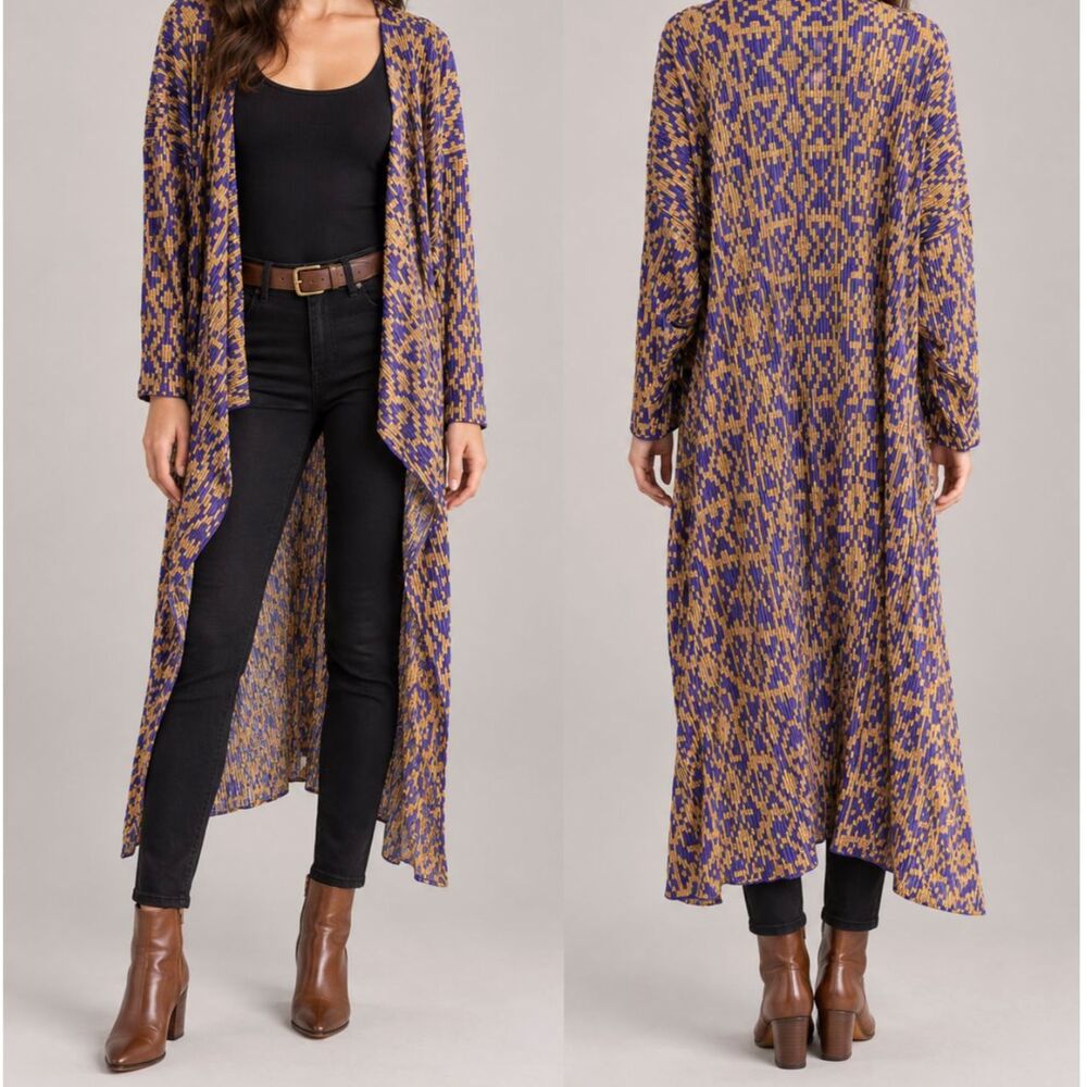 Purple Gold Duster Jacket Large Long Open Front Geometric Boho